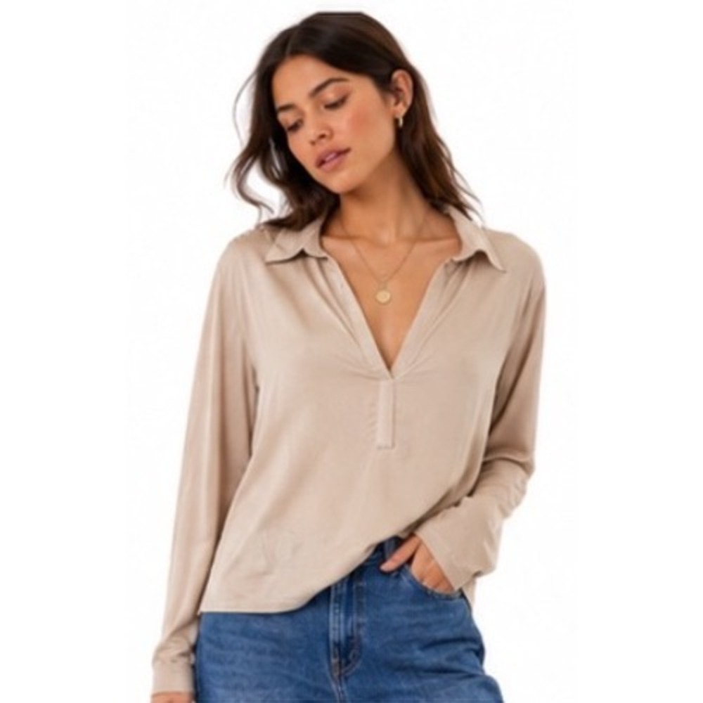Chaser New Bark Beige Dolman Sleeve Collared Blouse XS Relaxed Boho Minimal